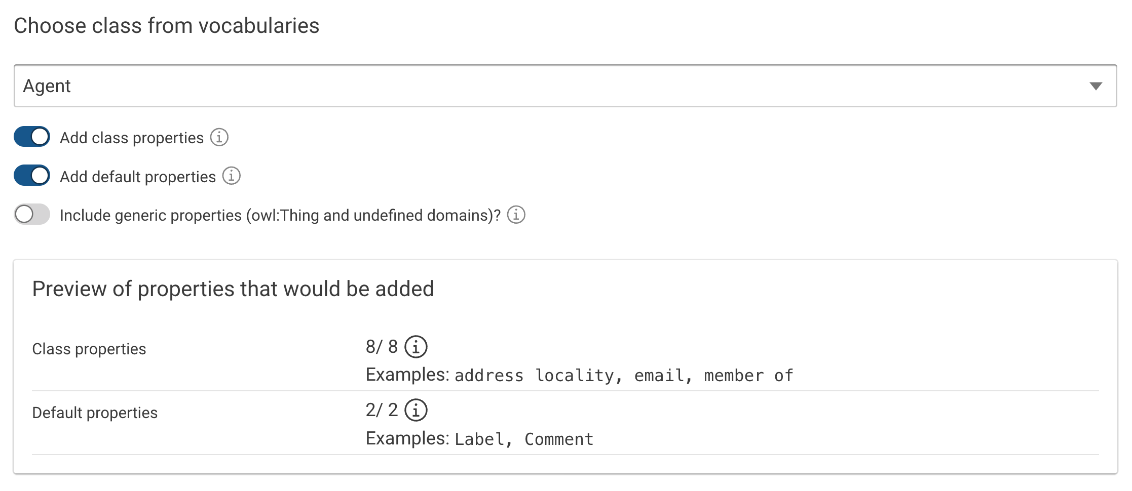 Properties option in the class selection dialog