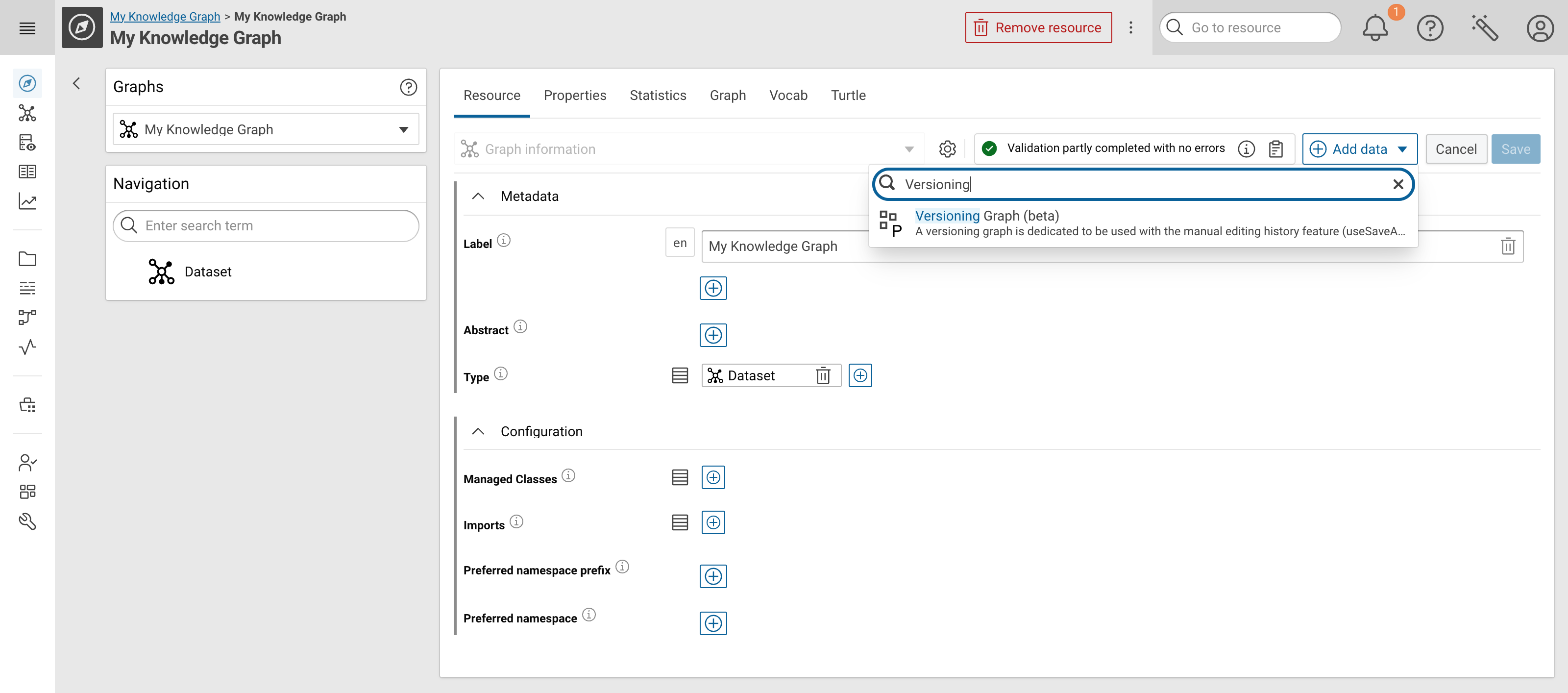 Adding the Versioning Graph property through the Add data menu